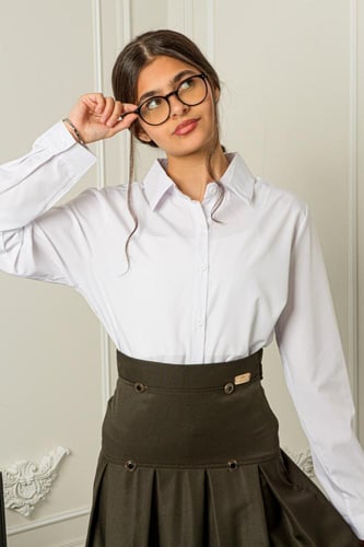 مريول طقم بلوزة وتنورة زيتي بتصميم كلاسيكي راقي