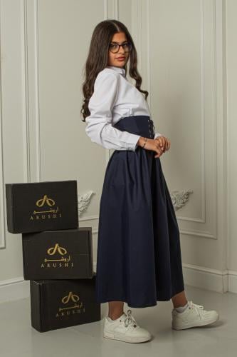 مريول طقم بلوزة وتنورة كحلية راقية شرائط امامية عل...