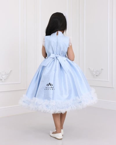 فستان بناتي تفتة روسي سماوي وحزام فضي