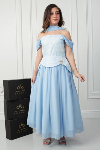 فستان نوف شيفون جورجيت سماوي ناعم .. فستان السن ال...