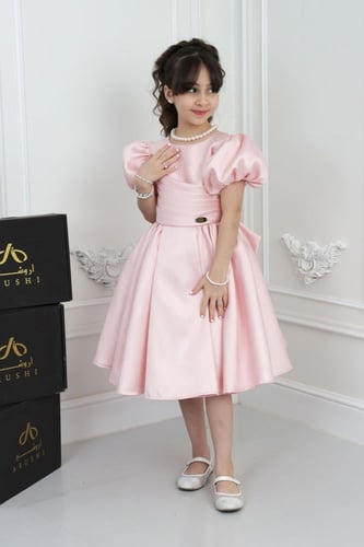 فستان بناتي زهري كسرات على الصدر