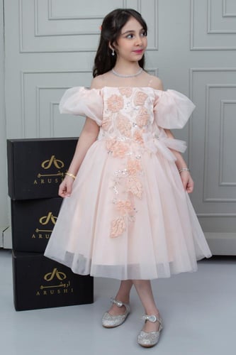 فستان الجوهرة تول زهري مطرز راقي .. فستان بناتي