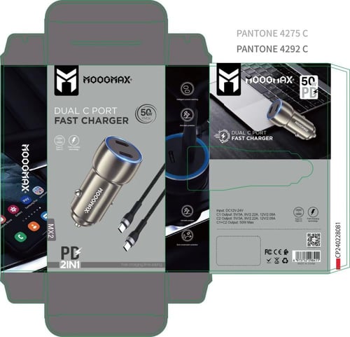 MOOGMAX شاحن سيارة 50W منفذين PD + كيبل TYPC2