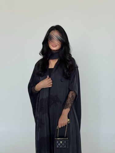 49 عباية نص بشت حرير مغسول تركي رمادي مع تداخل دان...