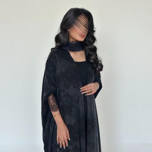 53 عباية نص بشت حرير مغسول تركي مع تداخل دانتيل فر...