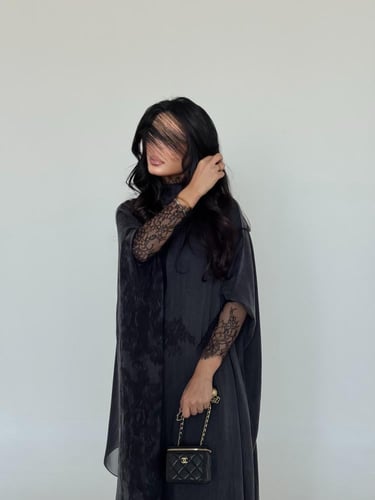 49 عباية نص بشت حرير مغسول تركي رمادي مع تداخل دان...