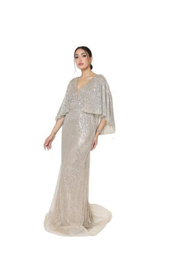 فستان سهرة نسائي ساتر الكتفيين، مطرز بالخرز بالكام...