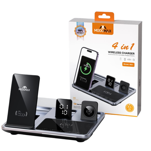 قاعدة شحن لاسلكية من Moogmax مع ساعة منبه 4 في 1 ش...