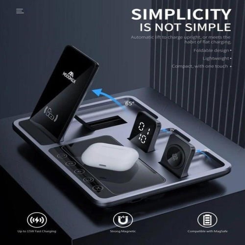 قاعدة شحن لاسلكية من Moogmax مع ساعة منبه 4 في 1 ش...