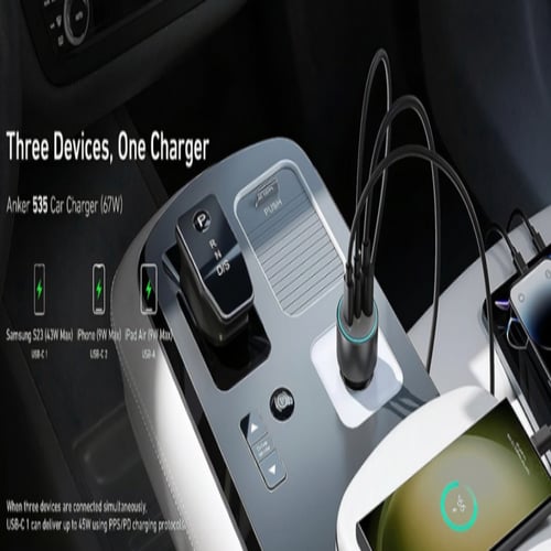 انكر شاحن سيارة بقوة 67 واط 3 منافذ مدخلين تايب سي...