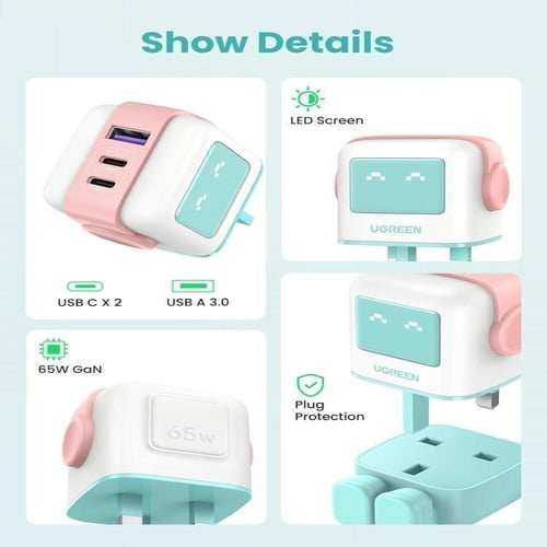 فيش و شاحن جداري يوجرين بقوة typ-c UGREEN 65w شاشة...