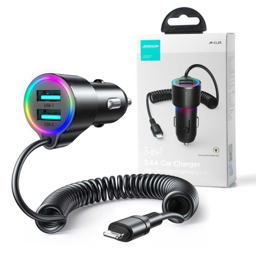 شاحن سيارة جيروم 3 في 1 + كابل لايتنينج 1.5 متر 17...