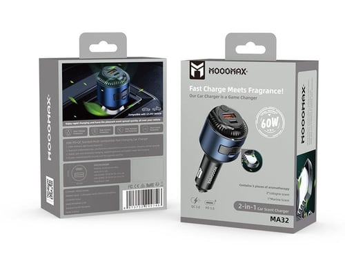 شاحن سيارة 60 واط بمنفذي Type-C و USB + فواحة مدمج...