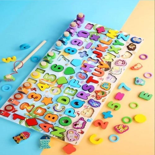 لعبة تعليمية لوح صيد الارقام والحروف خشبي مناسب لل...