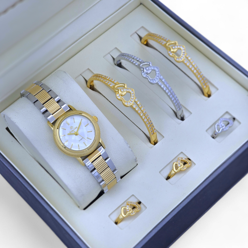 طقم نسائي ساعه واساور باللون الذهبي والفضي