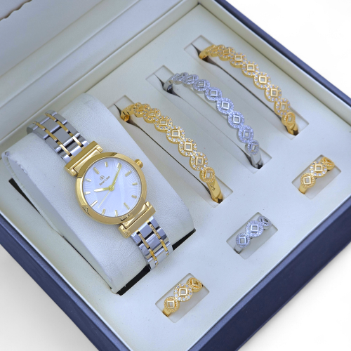 طقم نسائي ساعه واساور باللون الذهبي والفضي