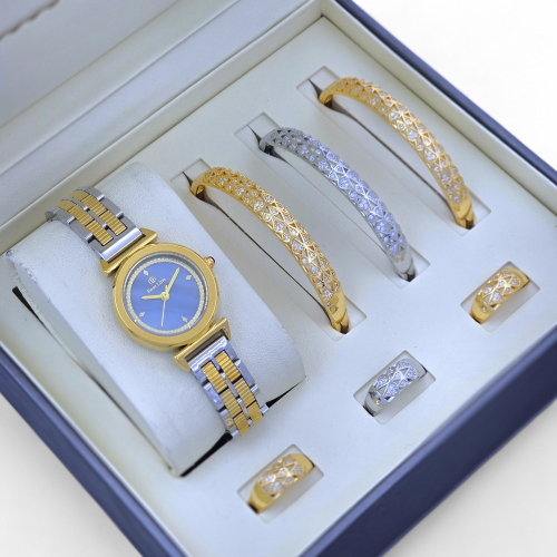 طقم نسائي ساعه واساور باللون الذهبي والفضي مينا مم...