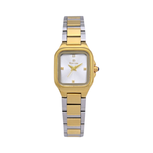 ساعة نسائية مزدوجة اللون – تصميم مميز بلون فضي × ذ...