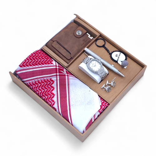 طقم هدايا رجالي فاخر مع الشماغ فضي كامل