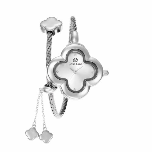 طقم نسائي ساعه واسواره فضي مينا ابيض