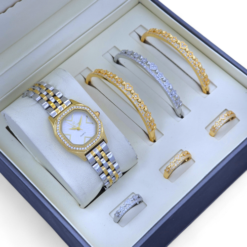 طقم نسائي ساعه واساور باللون الذهبي والفضي