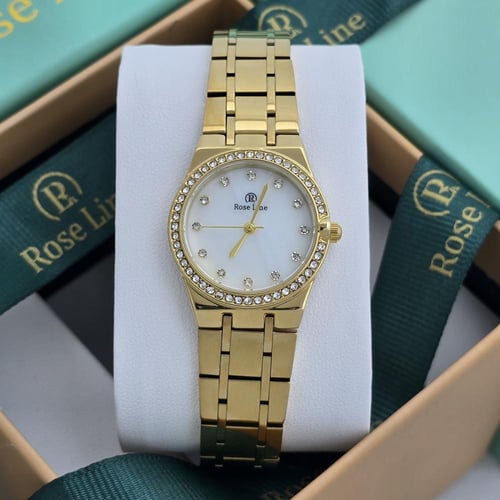 ساعة نسائية ذهبية فاخرة بإطار مرصع بفصوص زركون – أ...