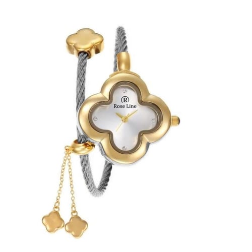 طقم نسائي ساعه واسواره فضي ذهبي مينا ابيض