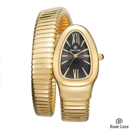 ساعة الثعبان النسائيه باللون الذهبي والميناء الاسو...