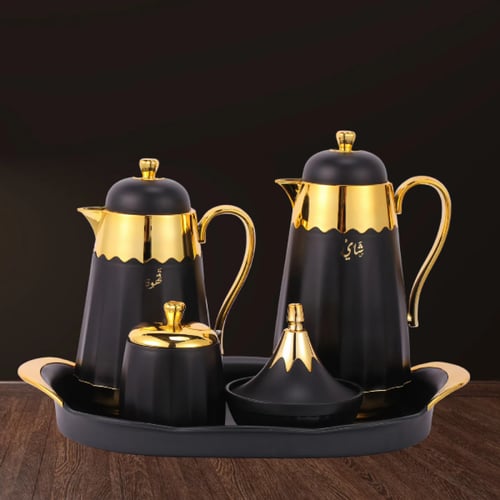 طقم أسود مذهب 6 قطع ترمس شاي وترمس قهوة وصينية وتم...