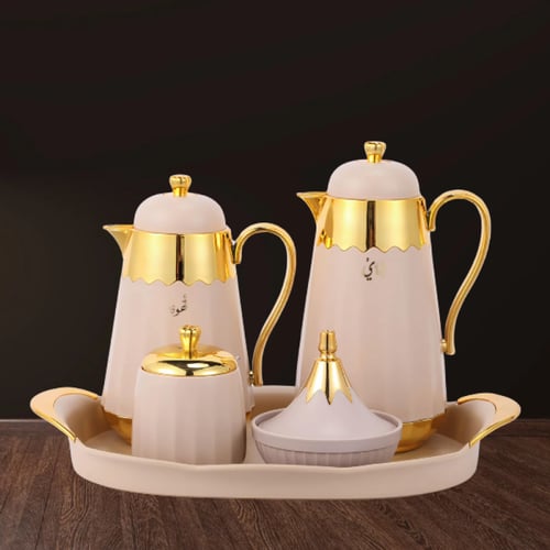 طقم بيج مذهب 6 قطع ترمس شاي وترمس قهوة وصينية وتمر...