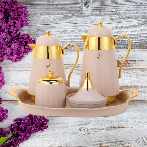 طقم بيج مذهب 6 قطع ترمس شاي وترمس قهوة وصينية وتمر...