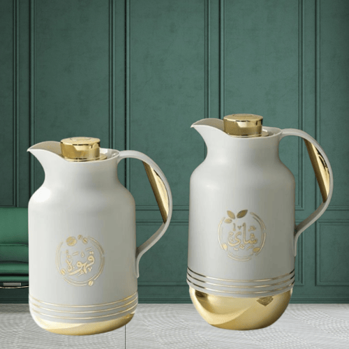 طقم ترمس رمادي فاتح قاعدة ذهبي للشاي والقهوة من بي...