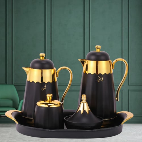 طقم أسود مذهب 6 قطع ترمس شاي وترمس قهوة وصينية وتم...