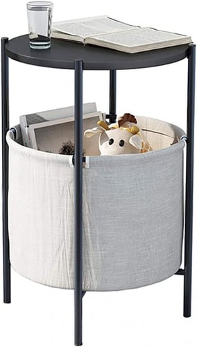 طاولة جانبية دائرية بسلة تخزين قماشية