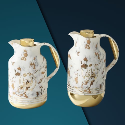 طقم ترمس رخامي قاعدة ذهبي للشاي والقهوة من بيتروس0...