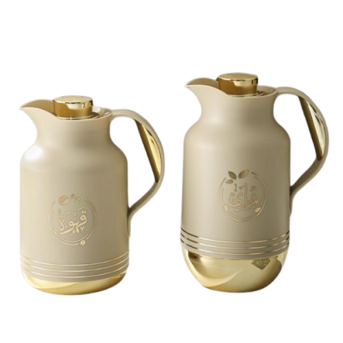 طقم ترمس بني فاتح قاعدة ذهبي للشاي والقهوة من بيتر...