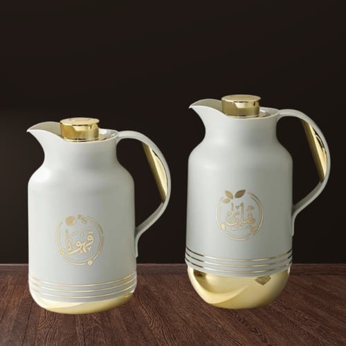 طقم ترمس رمادي فاتح قاعدة ذهبي للشاي والقهوة من بي...