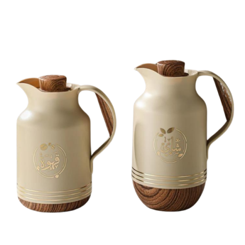 طقم ترمس بني فاتح قاعدة خشبي للشاي والقهوة من بيتر...