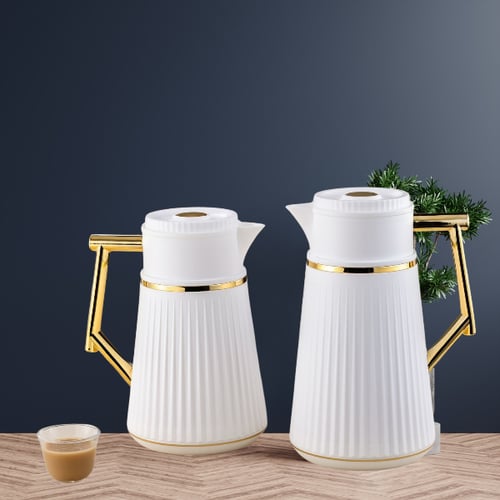 طقم ترمس أبيض مذهب للشاي والقهوة من رويال كاميل 02...