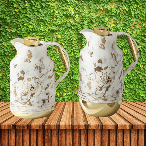 طقم ترمس رخامي قاعدة ذهبي للشاي والقهوة من بيتروس0...