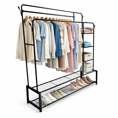 علاقة ملابس مزدوجة مع رفوف تخزين متعددة