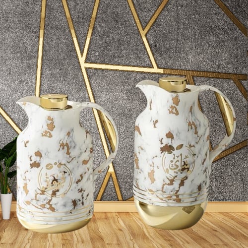 طقم ترمس رخامي قاعدة ذهبي للشاي والقهوة من بيتروس0...