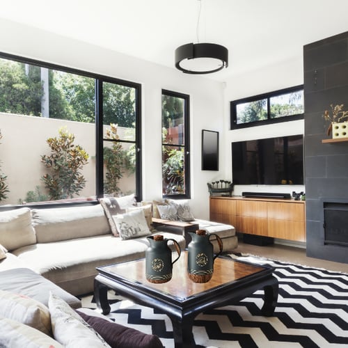 طقم ترمس رمادي غامق قاعدة خشبي للشاي والقهوة من بي...