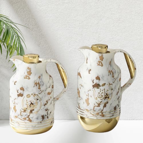 طقم ترمس رخامي قاعدة ذهبي للشاي والقهوة من بيتروس0...