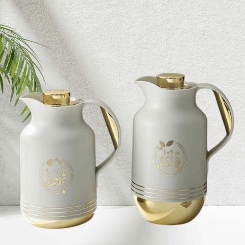 طقم ترمس رمادي فاتح قاعدة ذهبي للشاي والقهوة من بي...