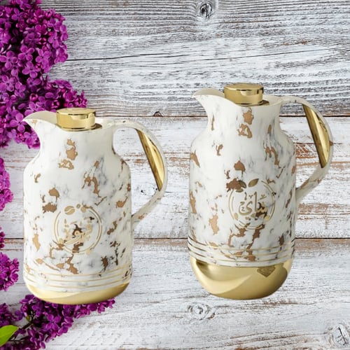 طقم ترمس رخامي قاعدة ذهبي للشاي والقهوة من بيتروس0...