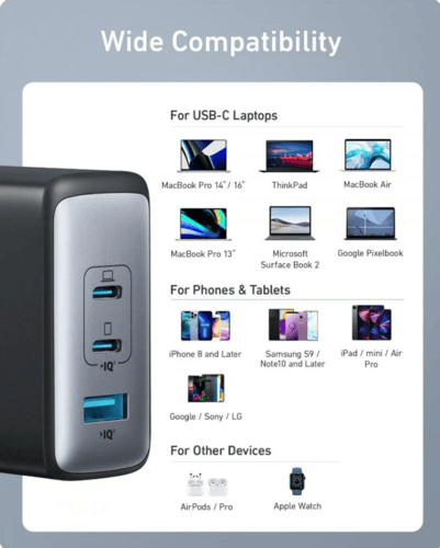 شاحن جداري انكر بقوة 100 واط بمنفذين تايب سي بتقني...