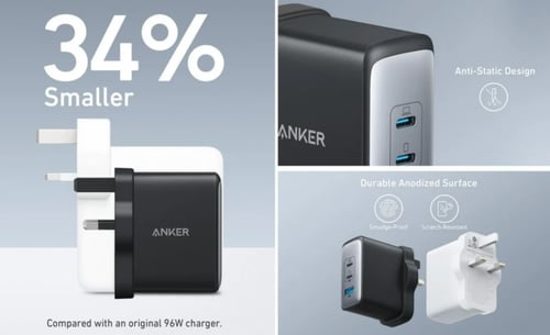 شاحن جداري انكر بقوة 100 واط بمنفذين تايب سي بتقني...