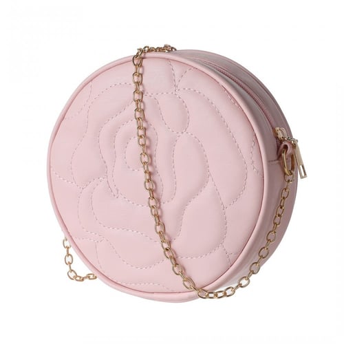 حقيبة كتف دائرية مبطنة بنمط وردة مع سلسلة - وردي -...