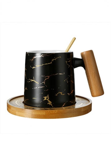 كوب سيراميك رخامي بمقبض خشبي وقاعدة وملعقة 235مل -...